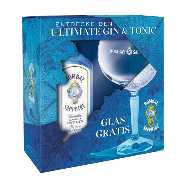 Bombay Sapphire London Dry Gin 0,7l bottle Onpack with Glas