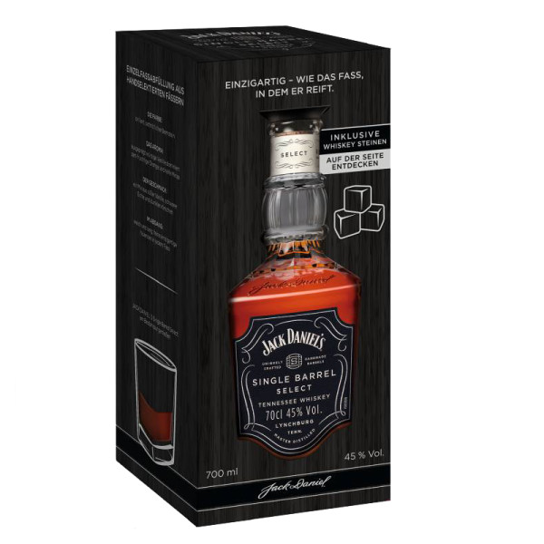 Jack Daniels singel barrel Geschenkset mit Whiskey Steinen 0,7l Flasche